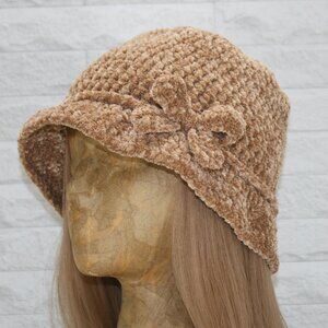HAND CRAFTED Hat Crochet Bucket Chenille Floppy Winter Wide Brim Tan Marled